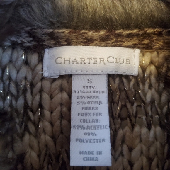 Charter Club Brown Tweed Metallic Faux Fur Collar Wool Blend Zipper Boho Vest - Picture 5 of 13